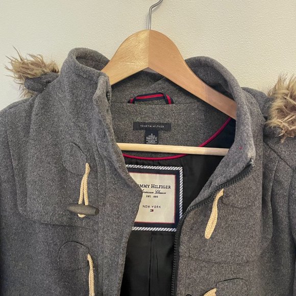 Grey Duffle Coat With Faux Fur Trimmed Hood - Picture 2 of 3